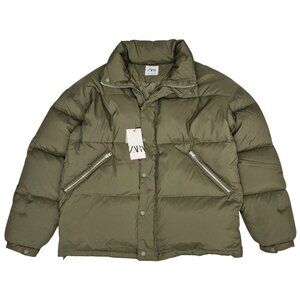 Zara Men's XL Puffer Down Jacket Green Stand-up Collar Zip & Snap Closure - NWT